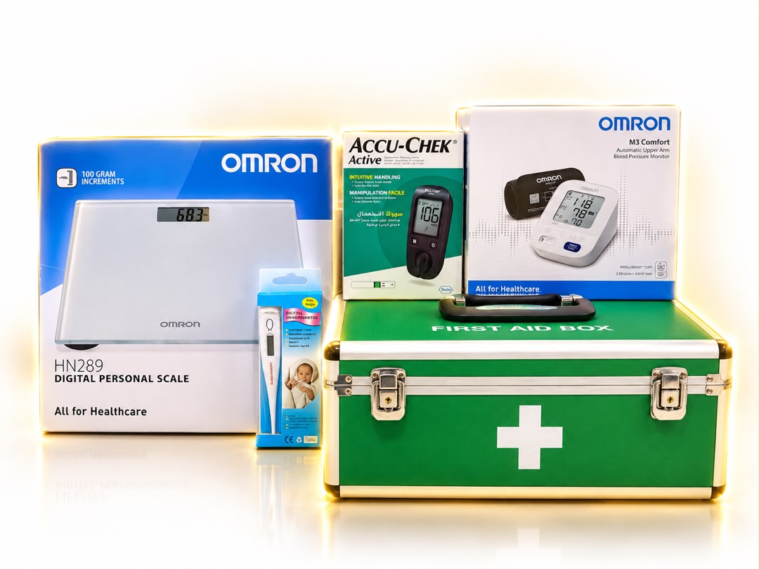 Blood pressure and glucose monitors, first aid box and weighing scale