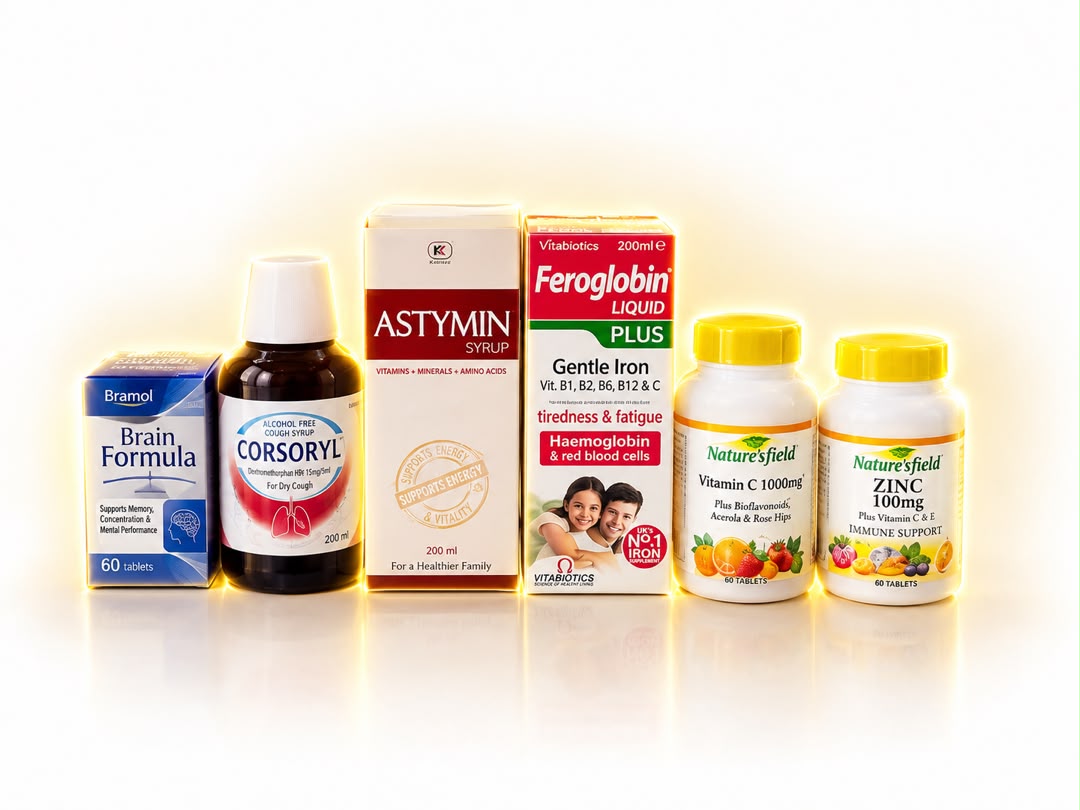 Vitamins, supplements, blood tonic, mouthwash and brain formula products